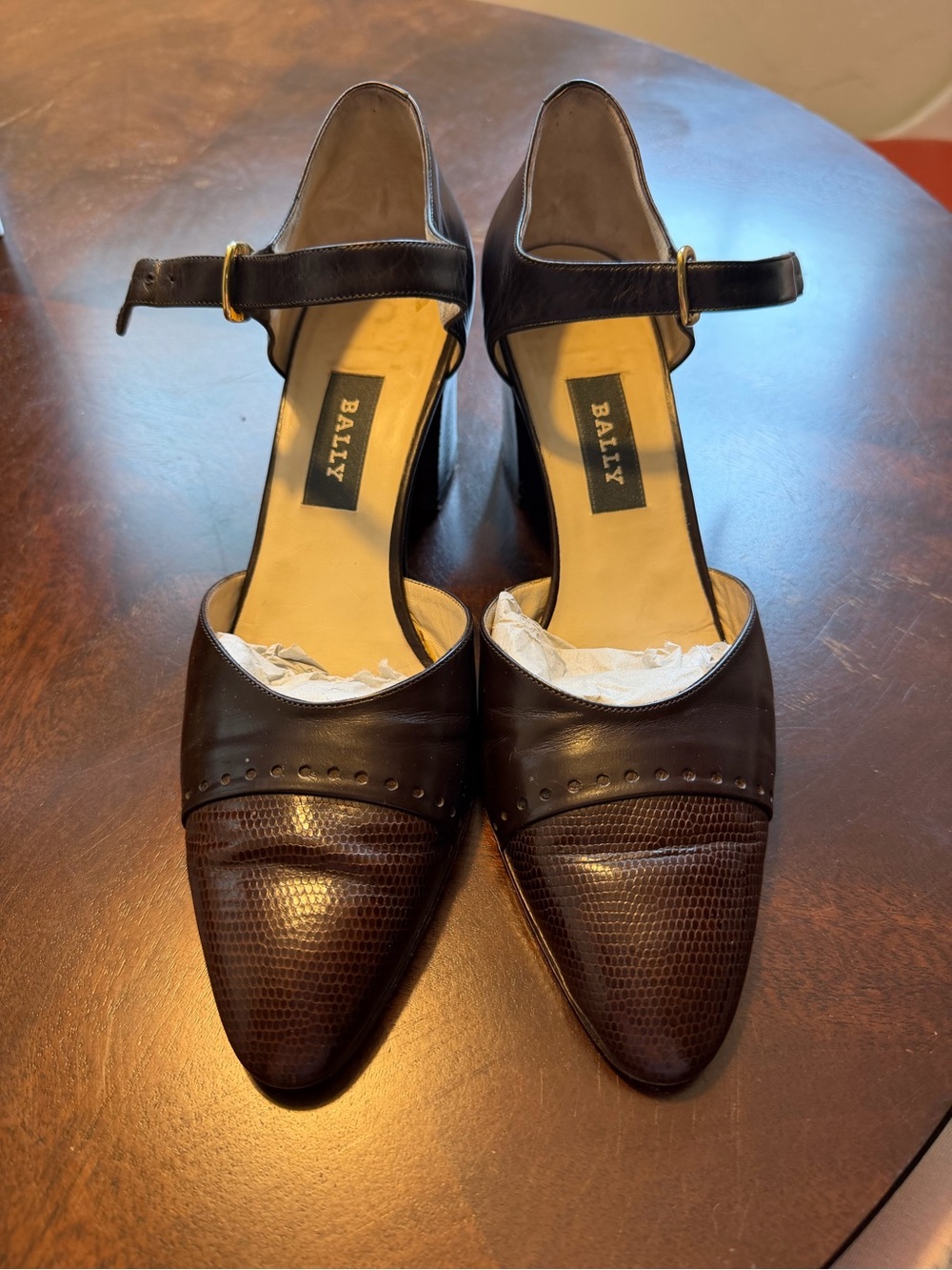 Bally Dark Brown Leather Pointed Mary Jane Heels with Ankle Strap